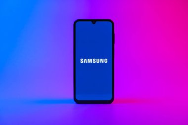 Prag, Çek Cumhuriyeti - 10 21 2024: Samsung logosunu gösteren akıllı telefon.
