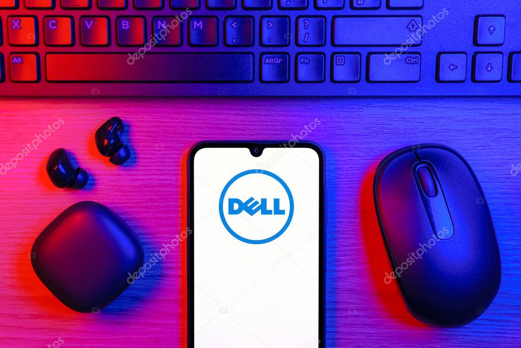 Prague, Czechia - 10 21 2024: Smartphone on surface showing Dell logo.