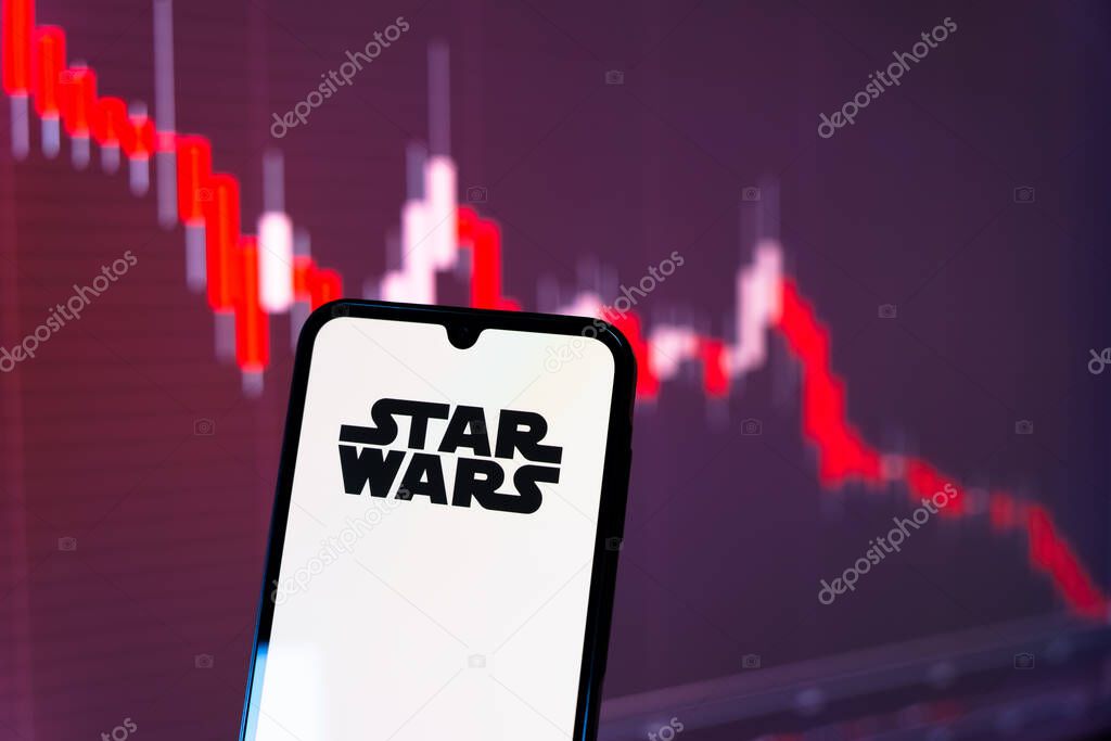 Prague, Czechia - 10 21 2024: Smartphone on surface showing Star Wars logo.