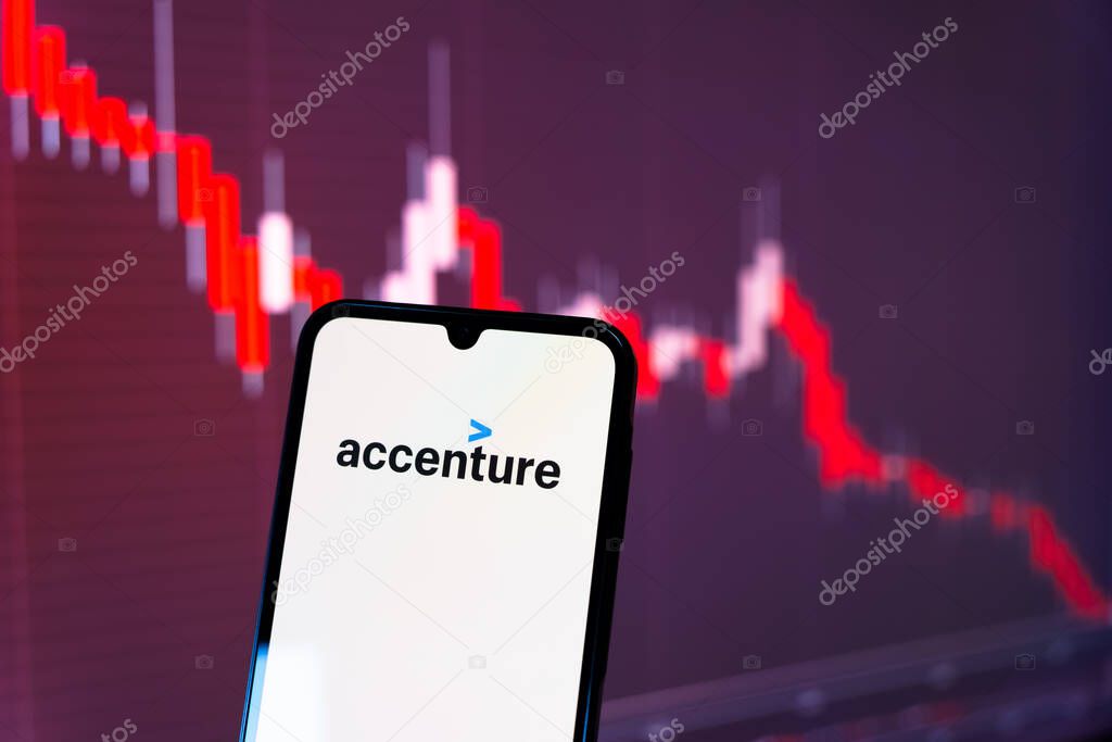 Prague, Czechia - 10 21 2024: Smartphone on surface showing Accenture logo.