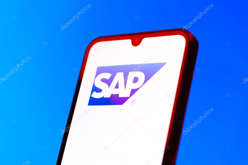 Prague, Czechia - 10 21 2024: Smartphone on surface showing SAP logo.