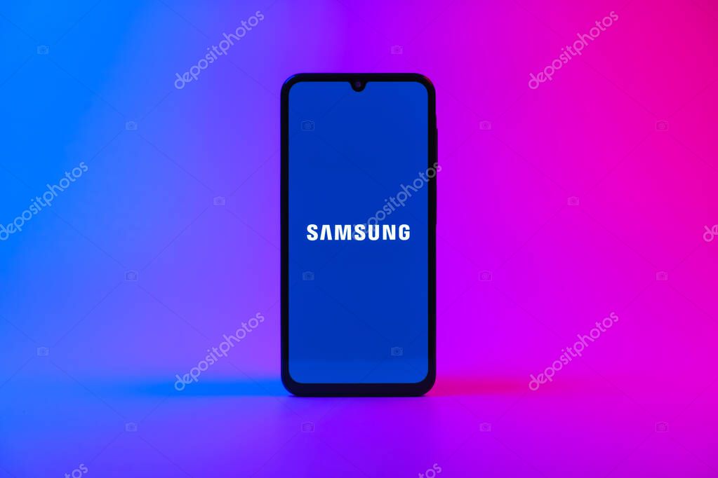 Prague, Czechia - 10 21 2024: Smartphone on surface showing Samsung logo.