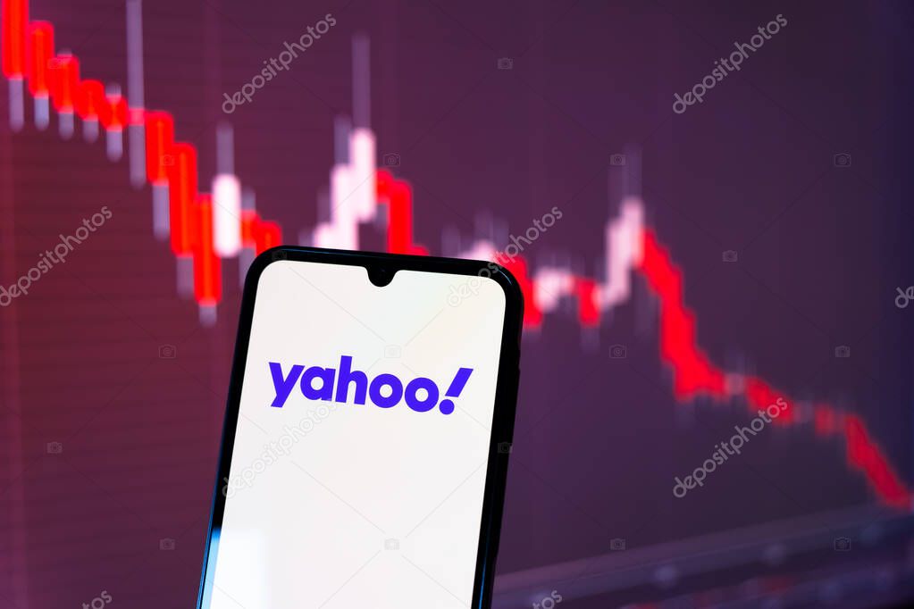 Prague, Czechia - 10 21 2024: Smartphone on surface showing Yahoo logo.