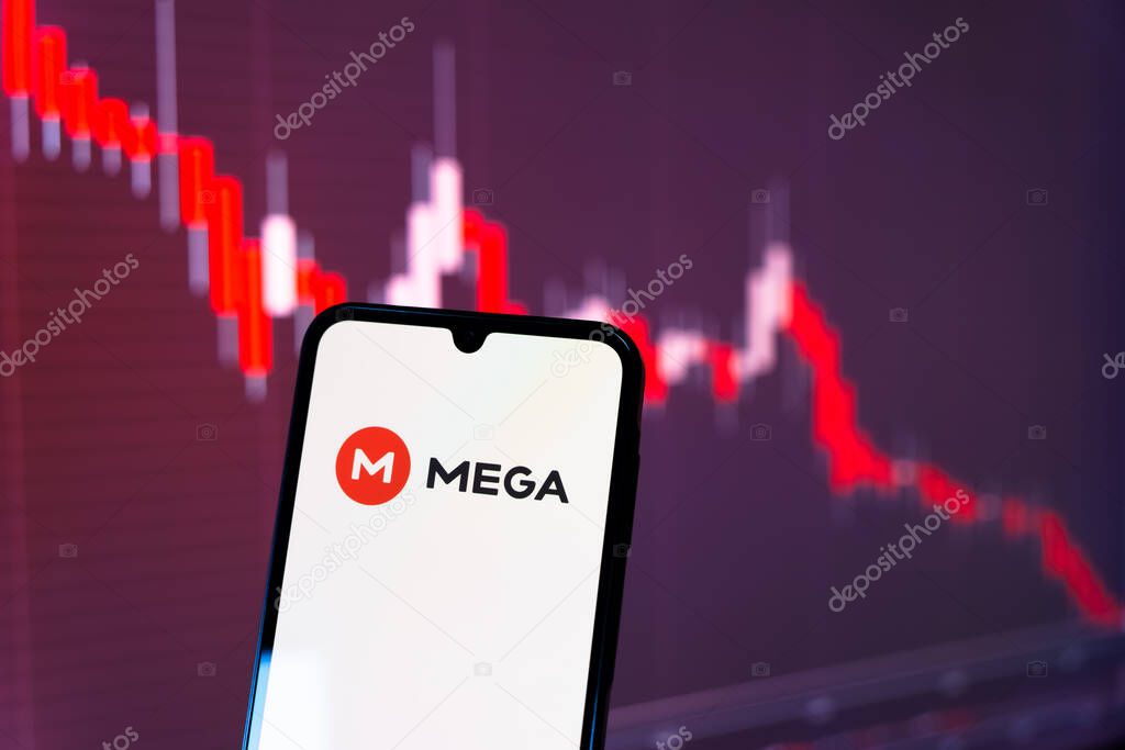 Prague, Czechia - 10 21 2024: Smartphone on surface showing Mega logo.