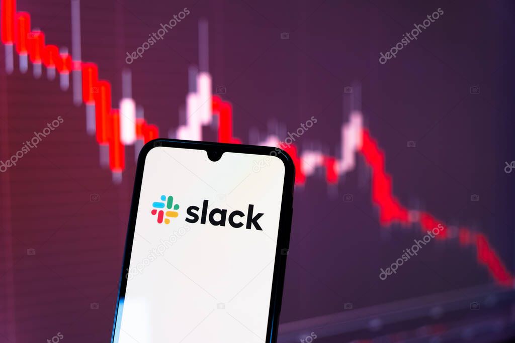 Prague, Czechia - 10 21 2024: Smartphone on surface showing Slack logo.