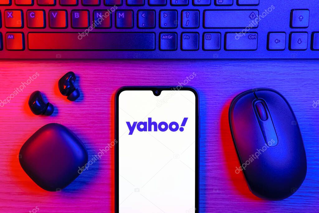 Prague, Czechia - 10 21 2024: Smartphone on surface showing Yahoo logo.