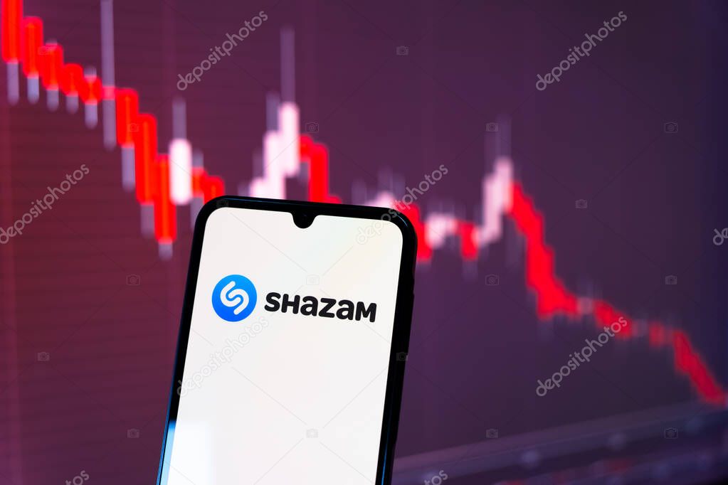 Prague, Czechia - 7 20 2024: Smartphone on surface showing Shazam logo