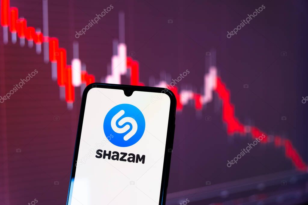 Prague, Czechia - 7 20 2024: Smartphone on surface showing Shazam logo