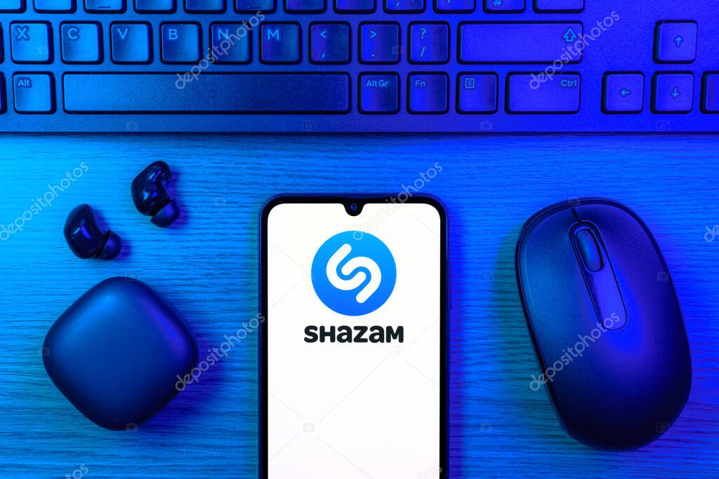 Prague, Czechia - 7 20 2024: Smartphone on surface showing Shazam logo
