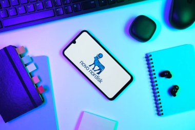 Prag, Çek Cumhuriyeti - 10 21 2024: Novo Nordisk logosunu gösteren bir defter.