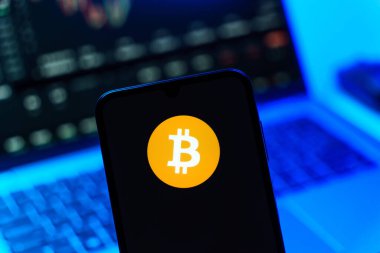 Prag, Çek Cumhuriyeti - 10 21 2024: Bitcoin logosunu gösteren akıllı telefon.