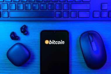 Prag, Çek Cumhuriyeti - 10 21 2024: Bitcoin logosunu gösteren akıllı telefon