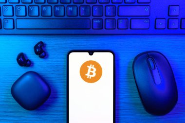 Prag, Çek Cumhuriyeti - 10 21 2024: Bitcoin logosunu gösteren akıllı telefon