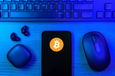 Prag, Çek Cumhuriyeti - 10 21 2024: Bitcoin logosunu gösteren akıllı telefon