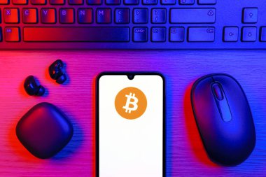 Prag, Çek Cumhuriyeti - 10 21 2024: Bitcoin logosunu gösteren akıllı telefon