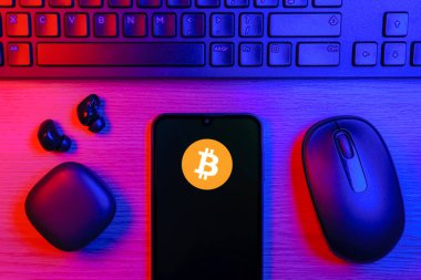 Prag, Çek Cumhuriyeti - 10 21 2024: Bitcoin logosunu gösteren akıllı telefon