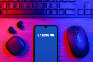 Prag, Çek Cumhuriyeti - 10 21 2024: Samsung logosunu gösteren akıllı telefon