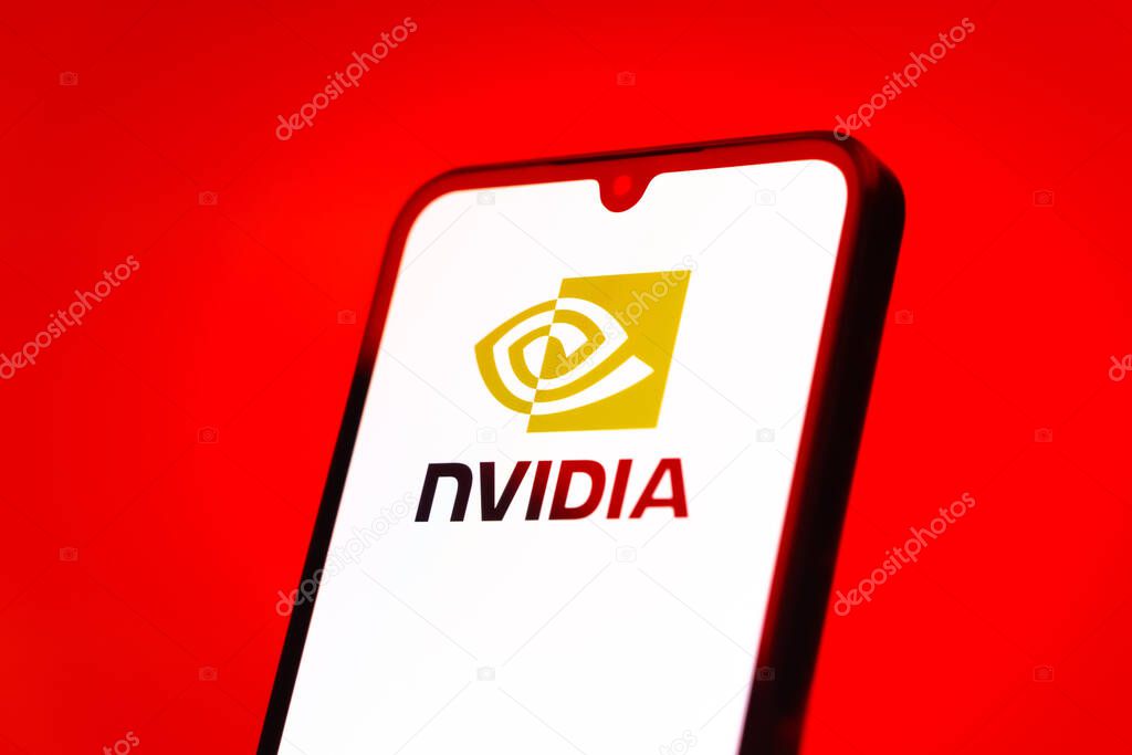 Prague, Czechia - 10 21 2024: Smartphone on surface showing NVIDIA logo.