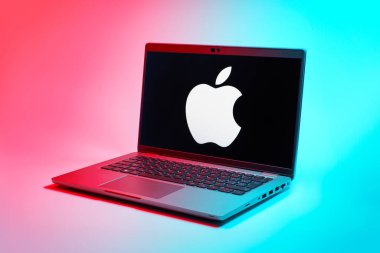 Prag, Çek Cumhuriyeti - 21 Ekim 2024: Elma logosunu gösteren modern dizüstü bilgisayar ekranı