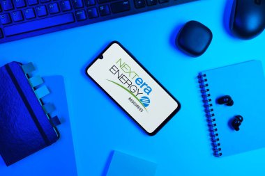 Prag, Çek Cumhuriyeti - 10 21 2024: Nextera Enerji logosunu gösteren akıllı telefon.