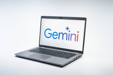 Prag, Çek Cumhuriyeti - 02 21 2025: Gemini logosunu gösteren dizüstü bilgisayar.