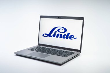 Prag, Çek Cumhuriyeti - 02 21 2025: Linde logosunu gösteren dizüstü bilgisayar.
