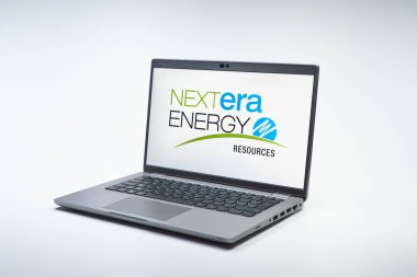 Prag, Çek Cumhuriyeti - 02 21 2025: Nextera Enerji logosunu gösteren dizüstü bilgisayar.
