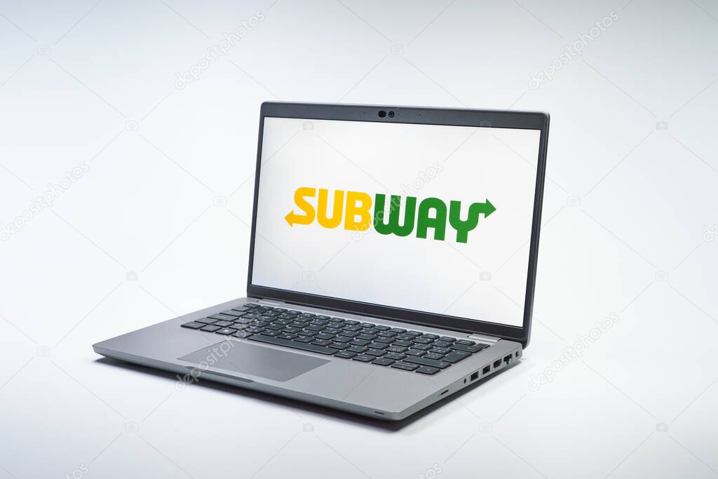 Prague, Czechia - 02 21 2025: Laptop on surface showing Subway logo.
