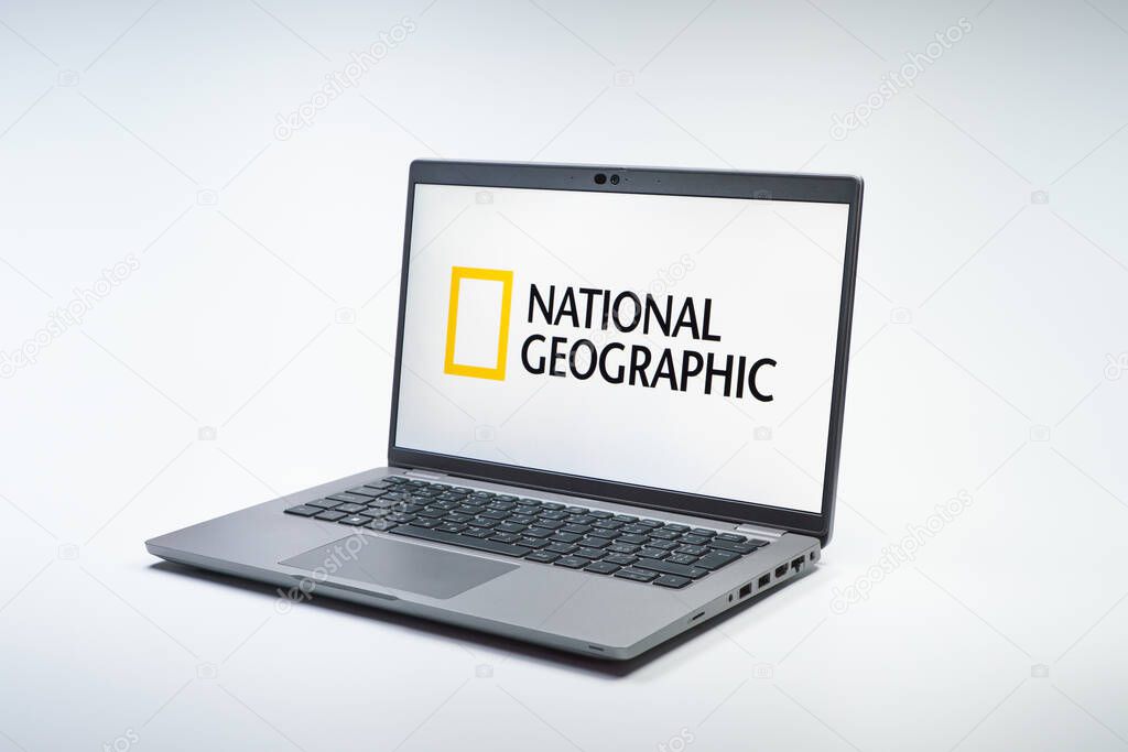Prague, Czechia - 02 21 2025: Laptop on surface showing National Geographic logo.