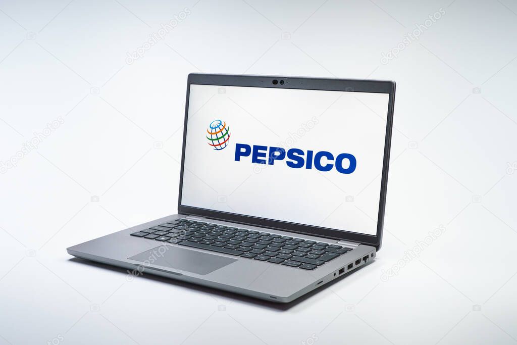 Prague, Czechia - 02 21 2025: Laptop on surface showing Pepsico logo.