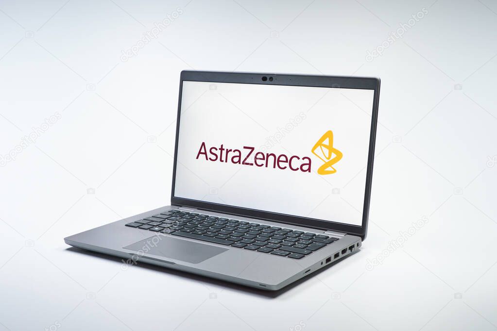 Prague, Czechia - 02 21 2025: Laptop on surface showing AstraZeneca logo.