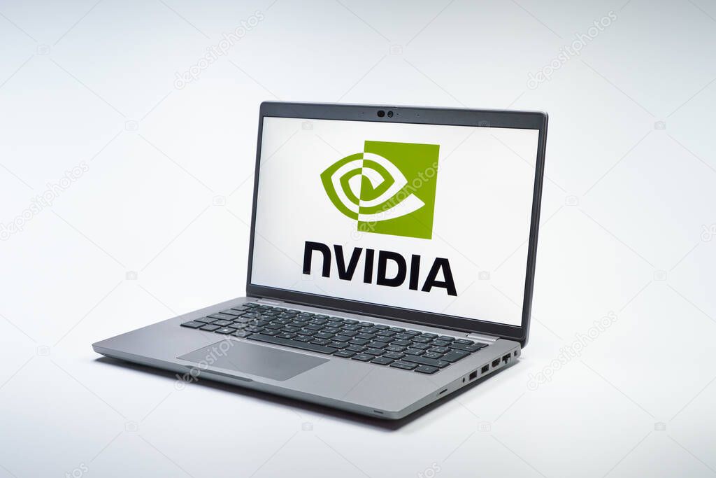 Prague, Czechia - 02 21 2025: Laptop on surface showing NVIDIA logo.