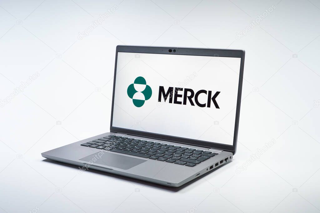 Prague, Czechia - 02 21 2025: Laptop on surface showing Merck logo.