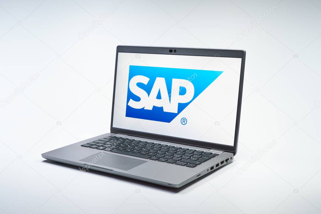 Prague, Czechia - 02 21 2025: Laptop on surface showing SAP logo.