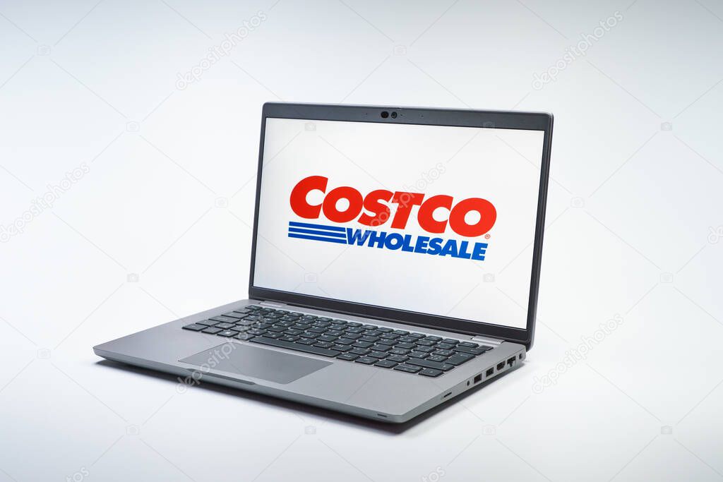 Prague, Czechia - 02 21 2025: Laptop on surface showing Costco logo.