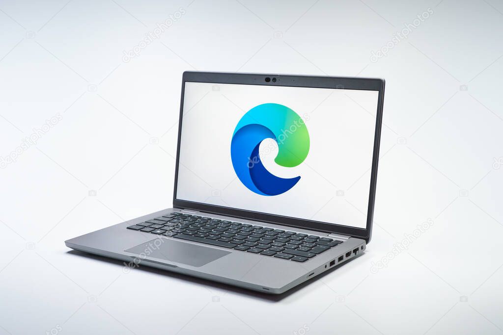 Prague, Czechia - 02 21 2025: Laptop on surface showing Edge logo.