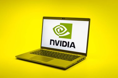 Prag, Çek Cumhuriyeti - 02 21 2025: NVIDIA logosunu gösteren dizüstü bilgisayar.