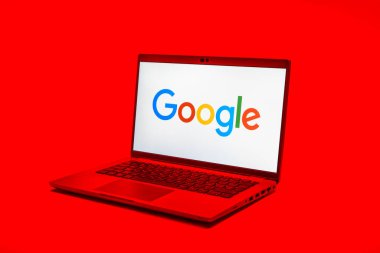 Prag, Çek Cumhuriyeti - 02 21 2025: Google logosunu gösteren dizüstü bilgisayar.