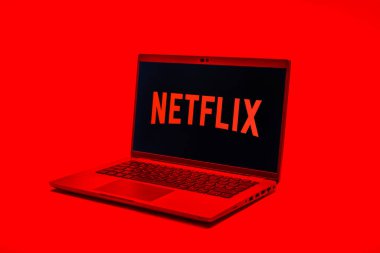 Prag, Çek Cumhuriyeti - 02 21 2025: Netflix logosunu gösteren dizüstü bilgisayar.