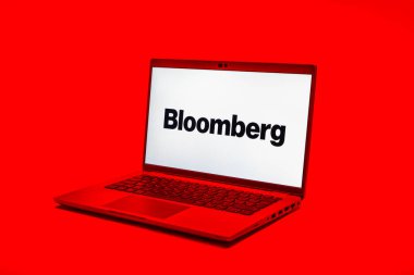 Prag, Çek Cumhuriyeti - 02 21 2025: Bloomberg logosunu gösteren dizüstü bilgisayar.