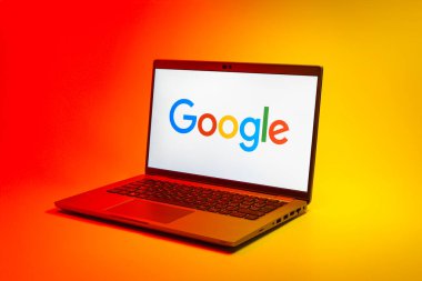 Prag, Çek Cumhuriyeti - 02 21 2025: Google logosunu gösteren dizüstü bilgisayar.