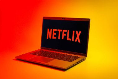 Prag, Çek Cumhuriyeti - 02 21 2025: Netflix logosunu gösteren dizüstü bilgisayar.