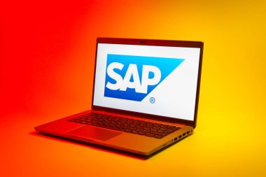 Prag, Çek Cumhuriyeti - 02 21 2025: SAP logosunu gösteren dizüstü bilgisayar.