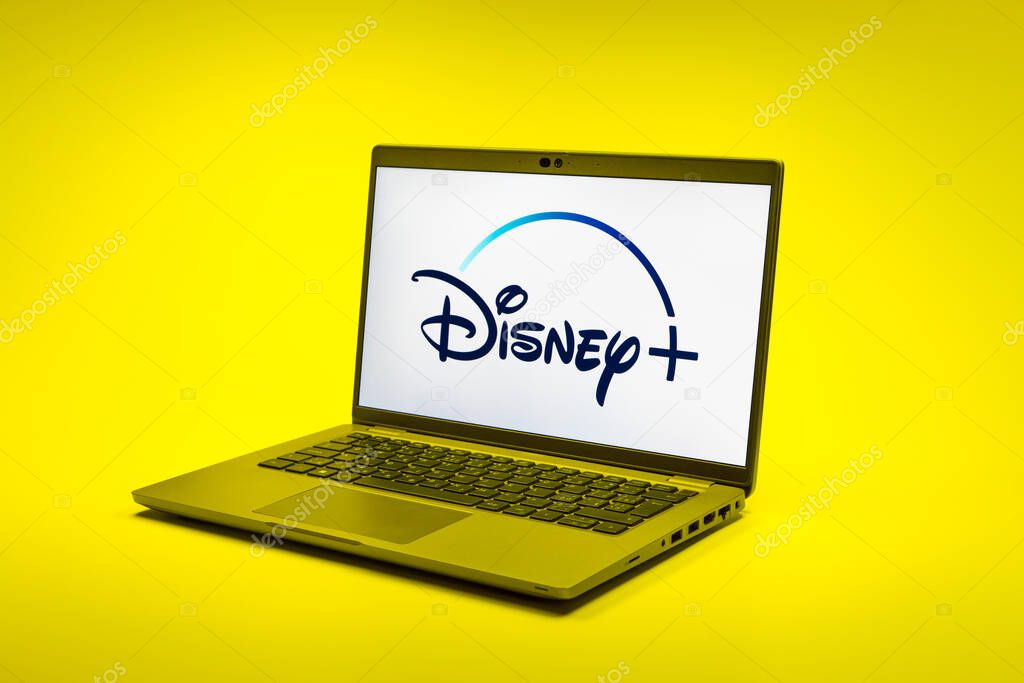 Prague, Czechia - 02 21 2025: Laptop on surface showing Disney + logo.