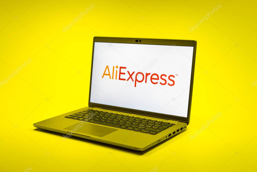 Prague, Czechia - 02 21 2025: Laptop on surface showing AliExpress logo.