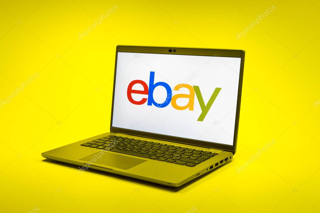 Prague, Czechia - 02 21 2025: Laptop on surface showing ebay logo.