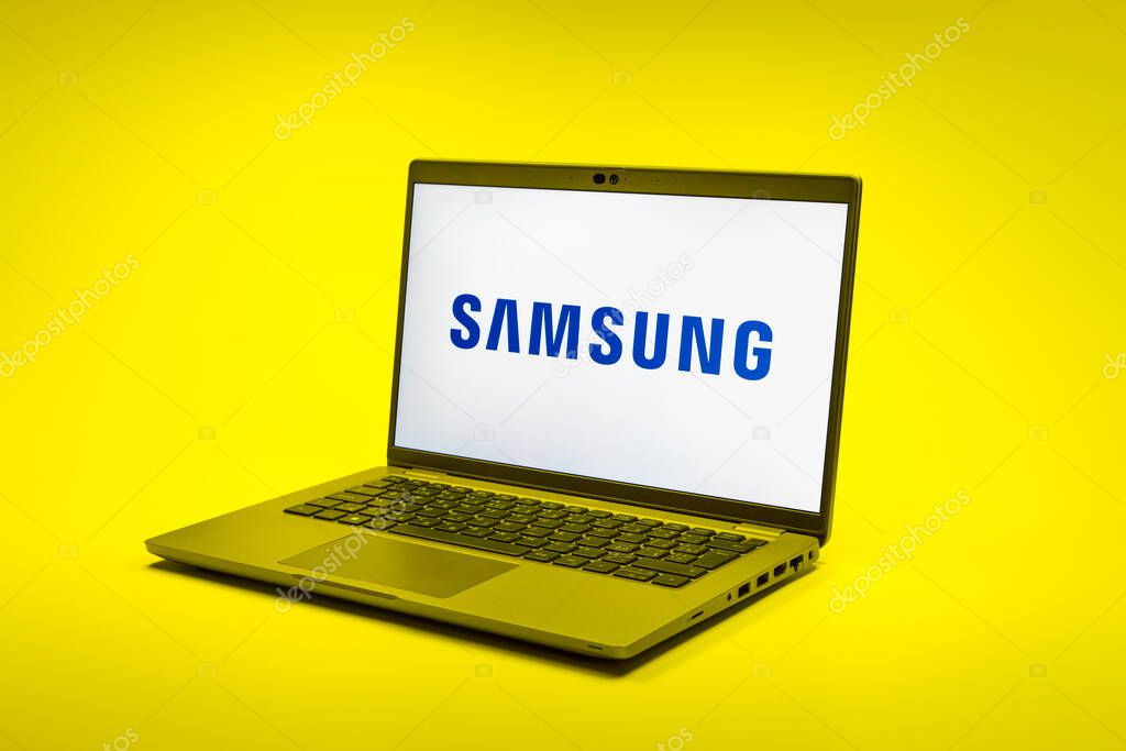 Prague, Czechia - 02 21 2025: Laptop on surface showing Samsung logo.