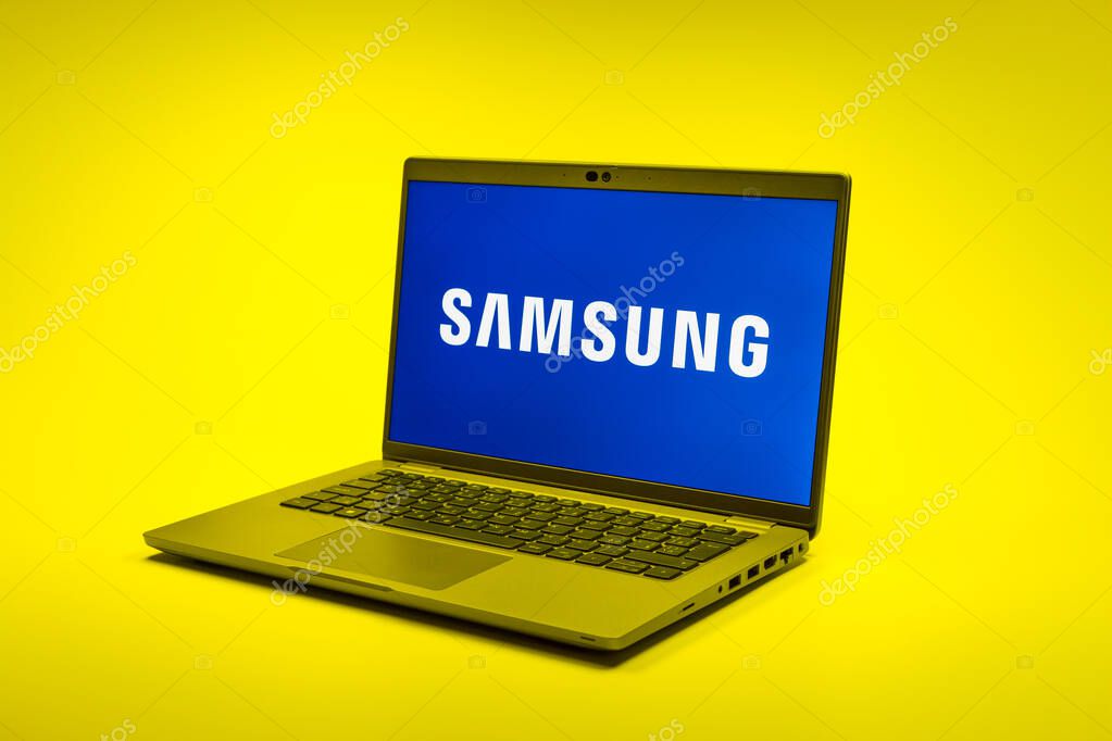Prague, Czechia - 02 21 2025: Laptop on surface showing Samsung logo.