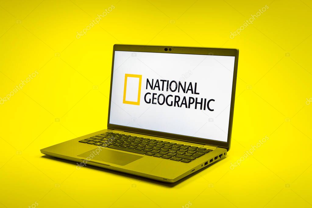 Prague, Czechia - 02 21 2025: Laptop on surface showing National Geographic logo.