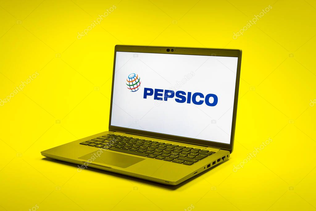 Prague, Czechia - 02 21 2025: Laptop on surface showing Pepsico logo.